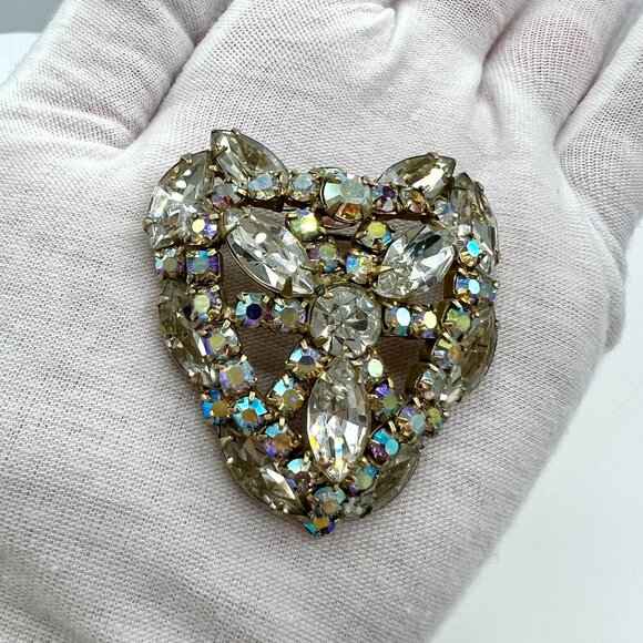 Large Vintage 1950s Heart Shaped Rhinestones Brooch Pin Layered - Picture 11 of 12